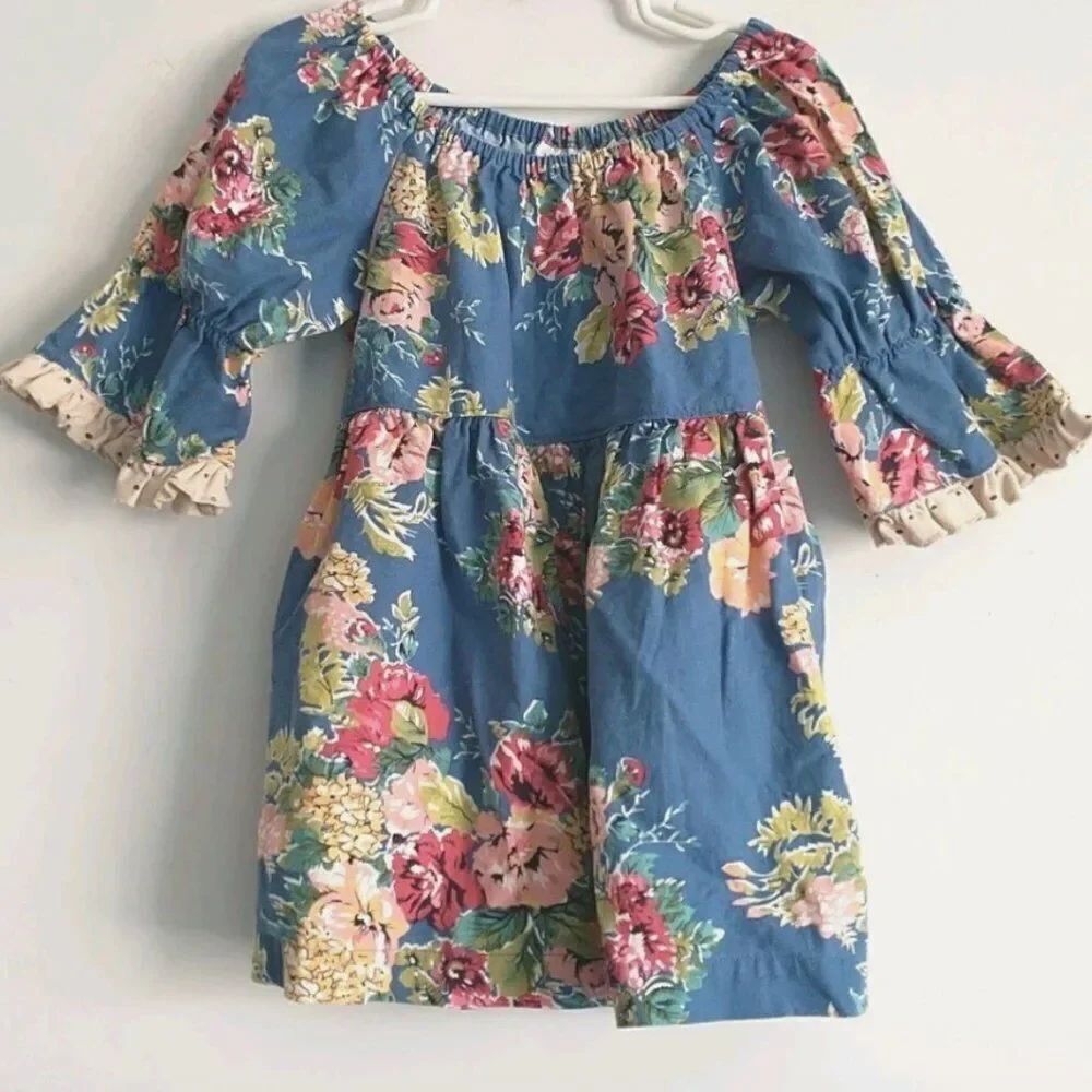 Matilda Jane Linen and Cotton Blue floral Flounce sleeve Ruffle Top size 6